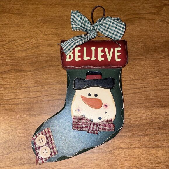 Wooden Green And Red Stocking Ornament Snowman “Believe” Buttons - Picture 1 of 9